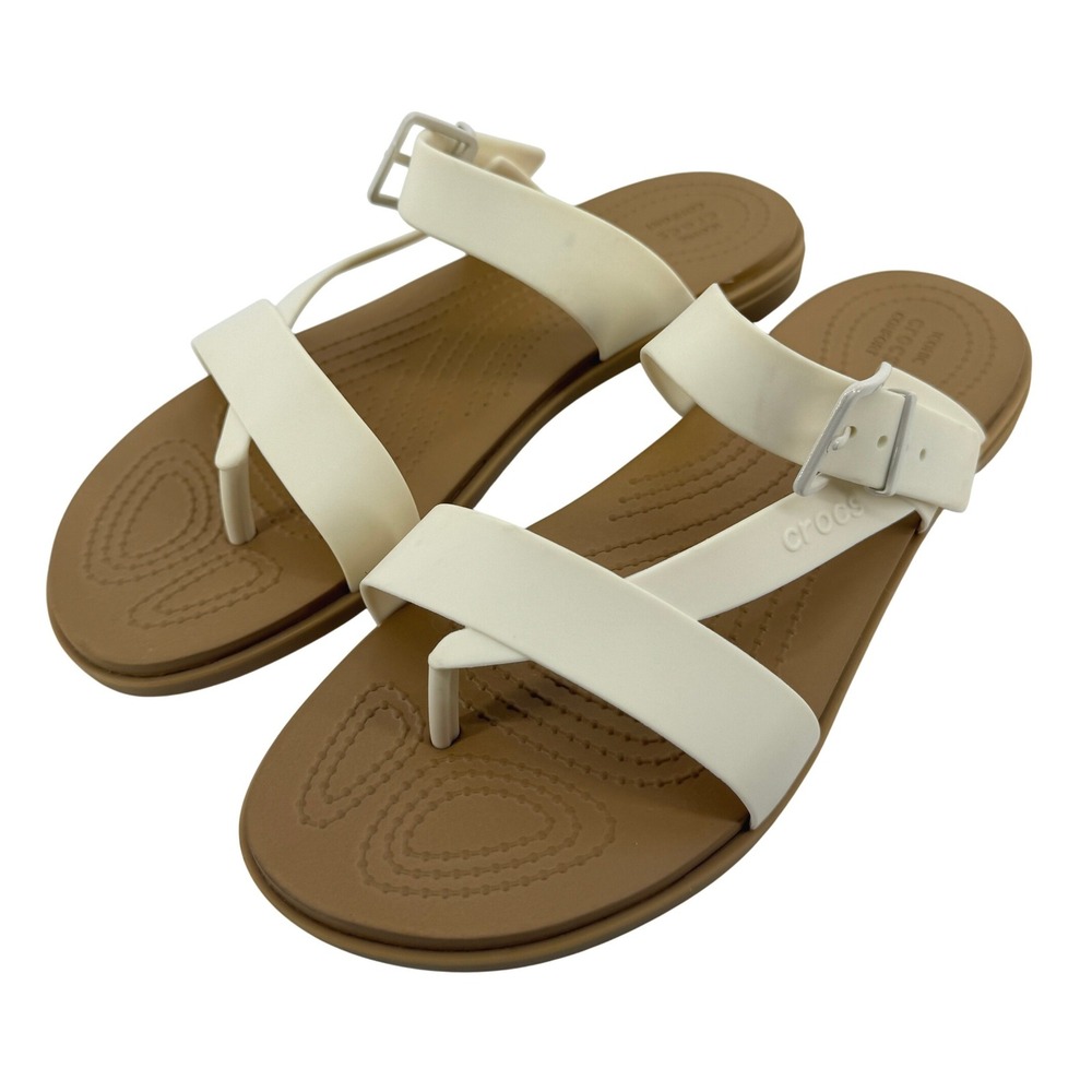 Crocs Tulum Toe Post Sandal Black Tan Women 9 Strappy Slip On Flip Flop Buckle